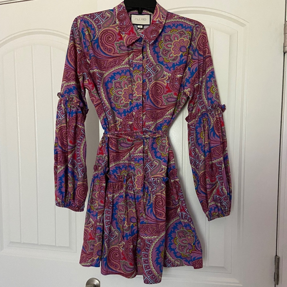 Alexis Cotton, Print, Long-sleeved, Tie belt, Button-down, Mini-Dress